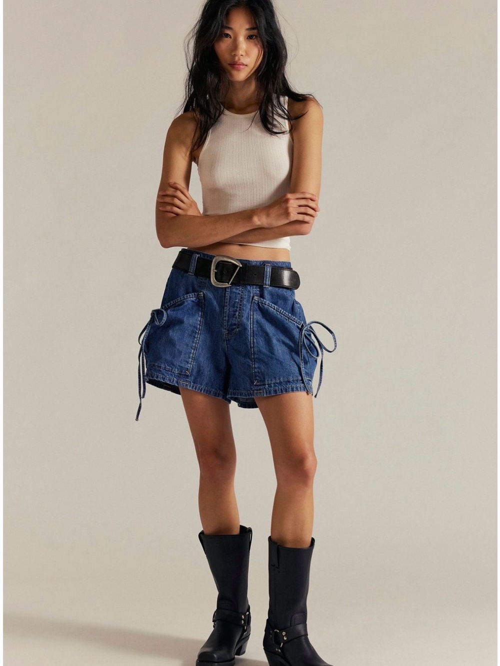 Free People Blue Denim Cargo Tie-Detail Shorts